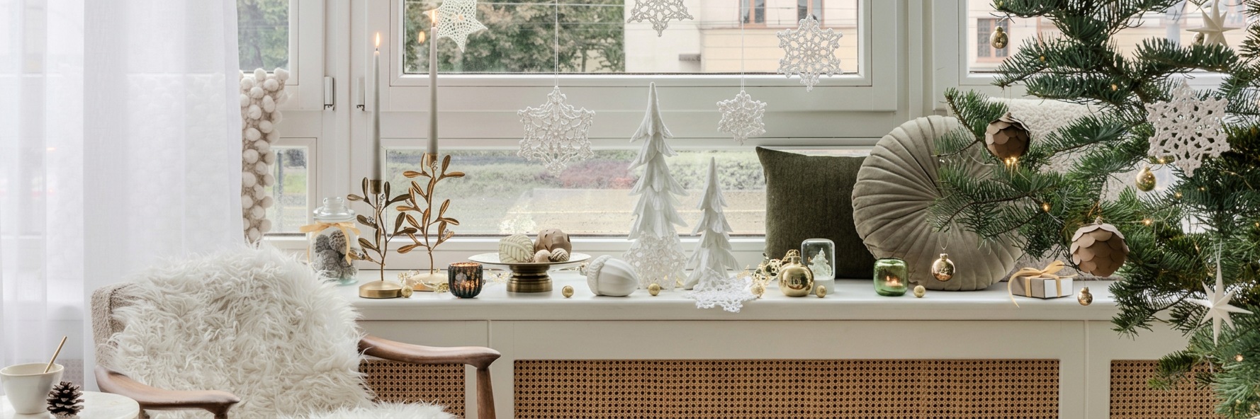 A welcoming Christmas window with hanging lace stars, candles and a decorated tree